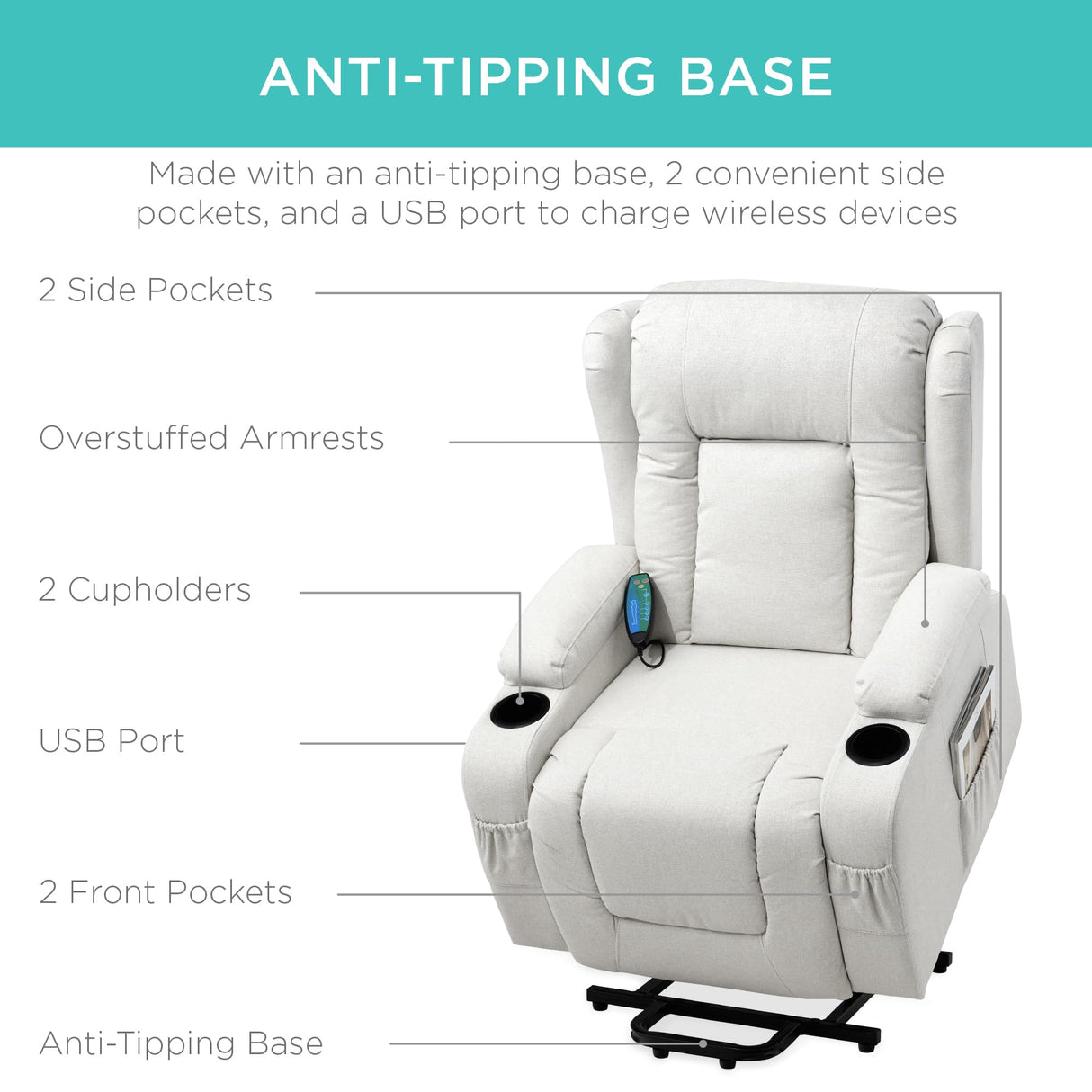 Best Choice Products Modern Linen Electric Power Lift Chair, Recliner Massage Chair, Adjustable Furniture for Back, Legs w/ 3 Positions, USB Port, Heat, Cupholders, Easy-to-Reach Button - Ivory Best Choice Products