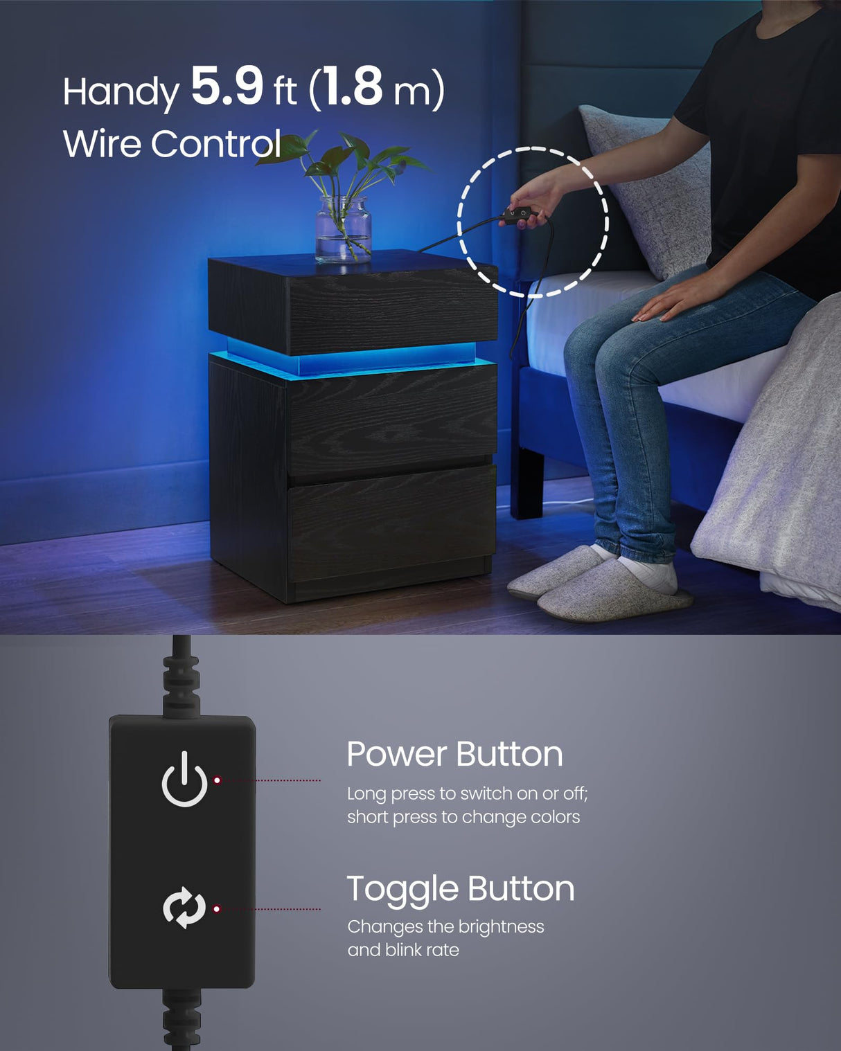 VASAGLE Nightstands with LED Lights, Set of 2, Adjustable Light Colors, Bedside Tables, Side Tables with 3 Drawers, Modern Style, 13.8 x 15.7 x 21.7 Inches, Ebony Black ULET799T58 VASAGLE