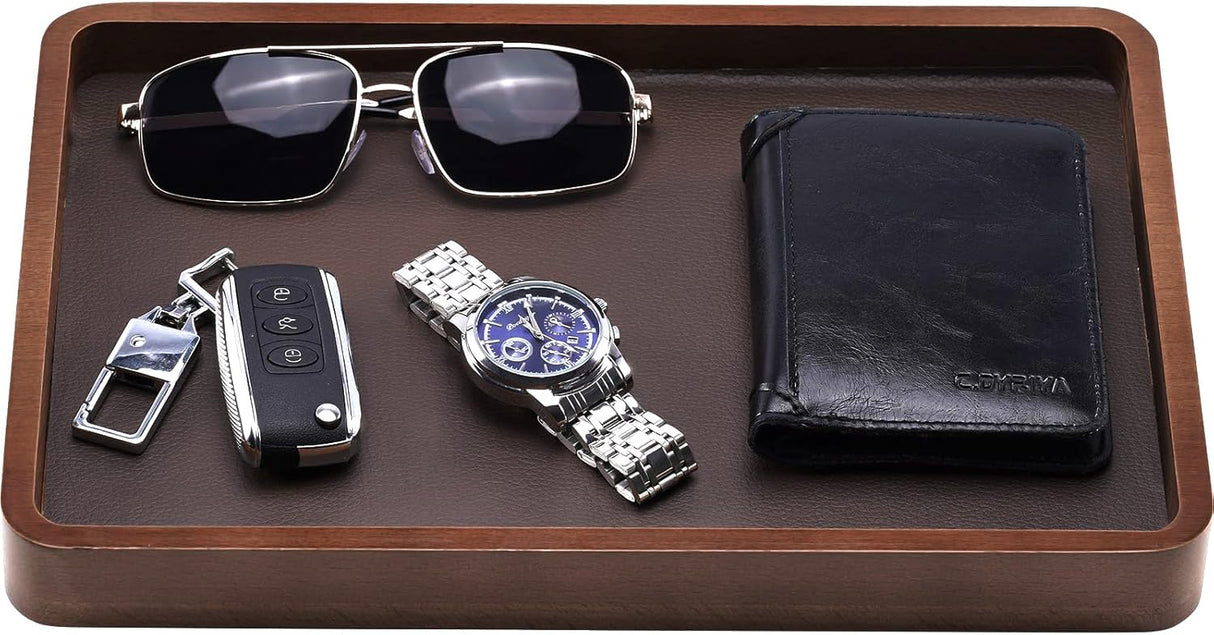 ProCase Wooden Valet Tray for Men, Wood Catch-All EDC Organizer, Nightstand, Entryway Bedside Dump Holder, for Wallets, Keys, Watches, Phones, Loose Change, Trinkets -DarkBrown ProCase