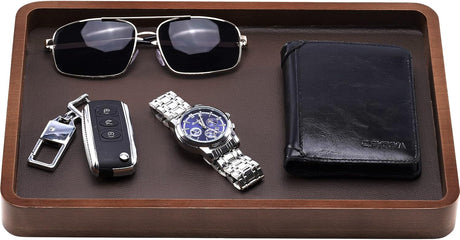 ProCase Wooden Valet Tray for Men, Wood Catch-All EDC Organizer, Nightstand, Entryway Bedside Dump Holder, for Wallets, Keys, Watches, Phones, Loose Change, Trinkets -DarkBrown ProCase