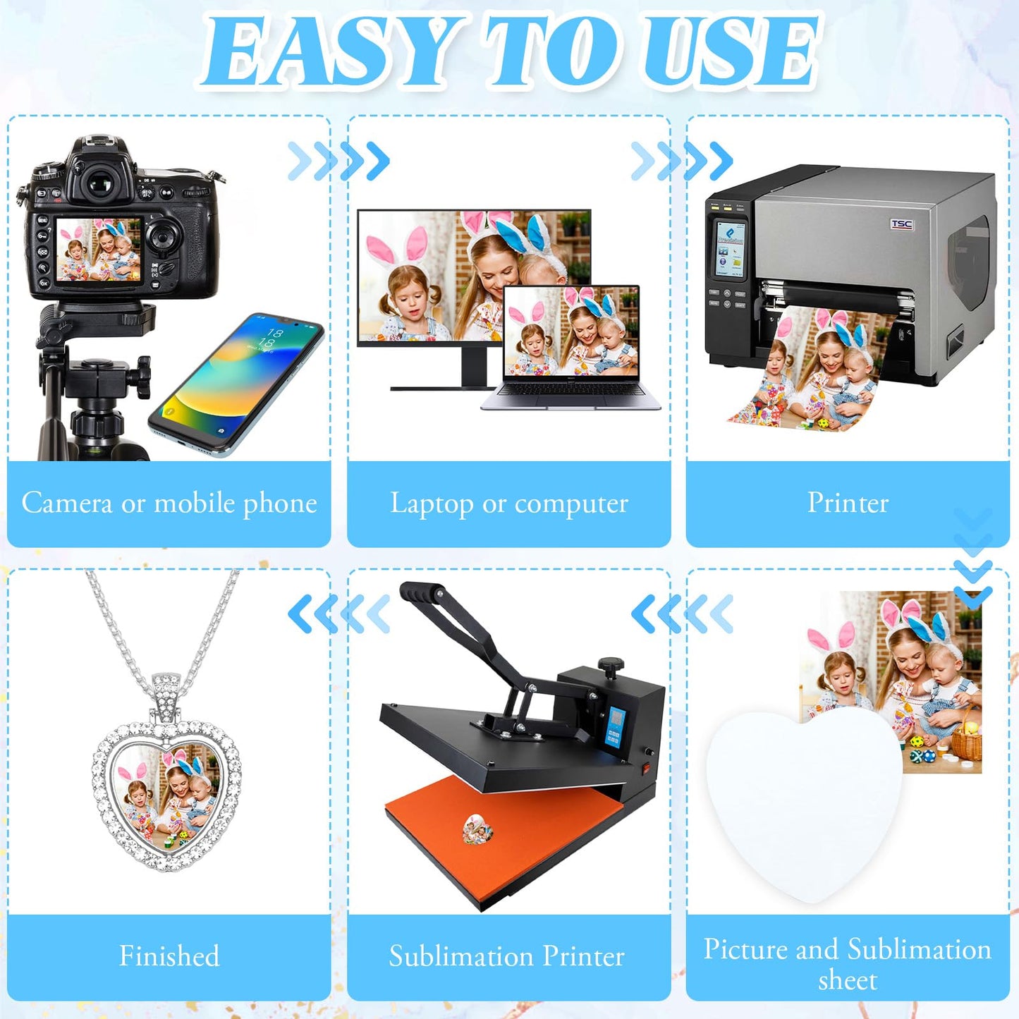 ZYNERY 48 Pcs Sublimation Rhinestone Trays Pendant Set, Sublimation Necklace Blank with Chain, Includes 8 Double Sided Blank Rhinestone Bezel Trays, 8 Chains, 16 Sublimation Discs, 16 Tapes (Heart)