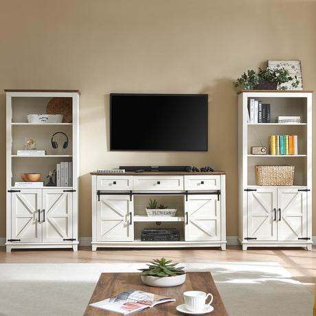 AMERLIFE TV Stand with Set of 2 Bookcases, Farmhouse Entertainment Center for 65 Inch Television with Sliding Barn Doors & Storage Drawers, for Living Room, Bedroom, Rustic White AMERLIFE