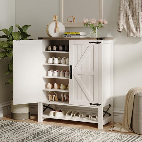 Maupvit Shoe Cabinet with Doors, 6-Tier Farmhouse Shoe Storage Cabinet with Adjustable Shelves, Shoe Shelf, Wooden Shoe Rack Organizer Cabinet for Entryway, Foyer, Hallway, Living Room, White Maupvit