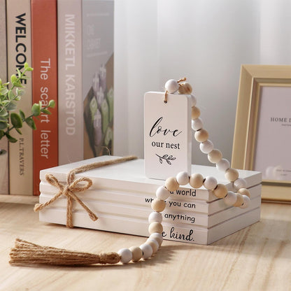 Wood Decorative Fake Books for Home Decor,4pcs Rustic Farmhouse Faux Book Stack Wood with Bead Tassels for Living Room Decorative Books Display