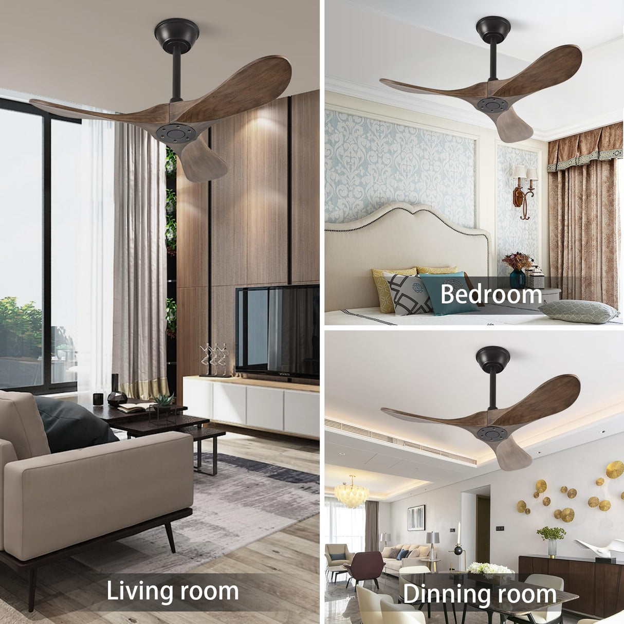 QWO 36" Outdoor Ceiling Fan No Light,Solid Wood Small Bedroom Ceiling Fans Without Lights, Outdoor Ceiling Fans For Patios, Porch and Living room,High Cfm DC 3 Blade Modern Ceiling Fan With Remote QWO