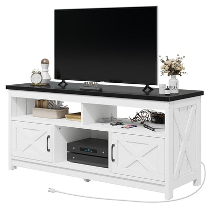 YITAHOME Farmhouse TV Stand for 65 inch with Power Outlet, Mid Century Modern Entertainment Center with Storage Cabinets and Open Shelves, TV Media Console Table for Living Room, Black/White