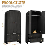 LEVNARY Arched Armoire Wardrobe Closet, Mid-Century Modern 2-Door Freestanding Wardrobe with Hanging Rod and 2 Drawers, Fluted Carved Clothing Storage Cabinet for Bedroom (Black) LEVNARY