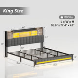 CSZZD King Size Upholstered Bed Frame with Storage Headboard, LED Lights, and Charging Station in Oak Gray CSZZD