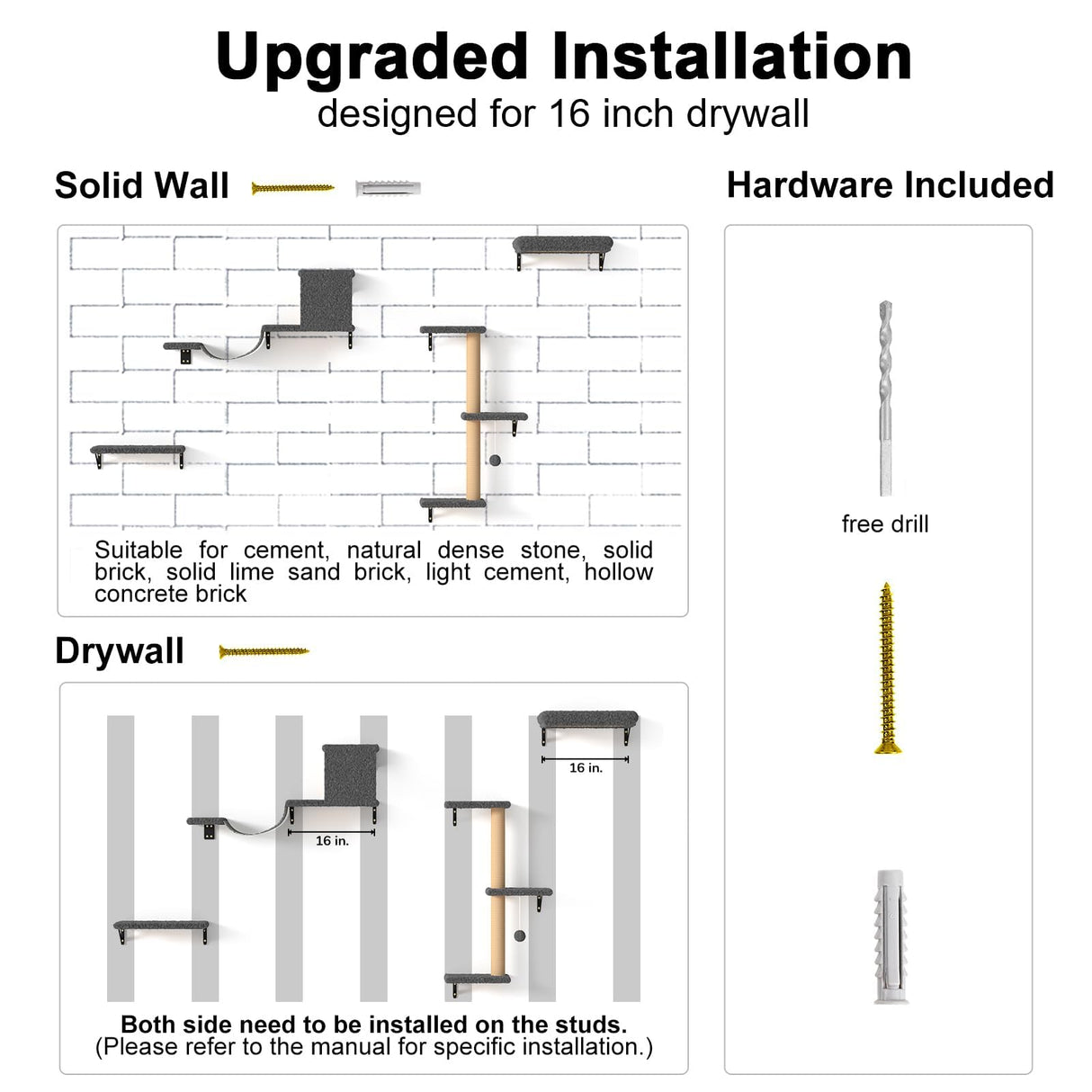 FUKUMARU Cat Wall Shelves, Stable & Safe 4 in 1 Cat Furniture Set, Wooden Climbing Wall with Scratching Post for 16 Inch Drywall - Gray FUKUMARU