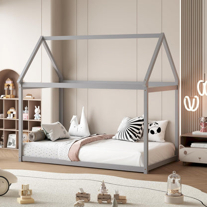 Giantex Twin House Bed Frame - Montessori-Inspired Wood Bed with Canopy Design for Kids and Teens in Grey