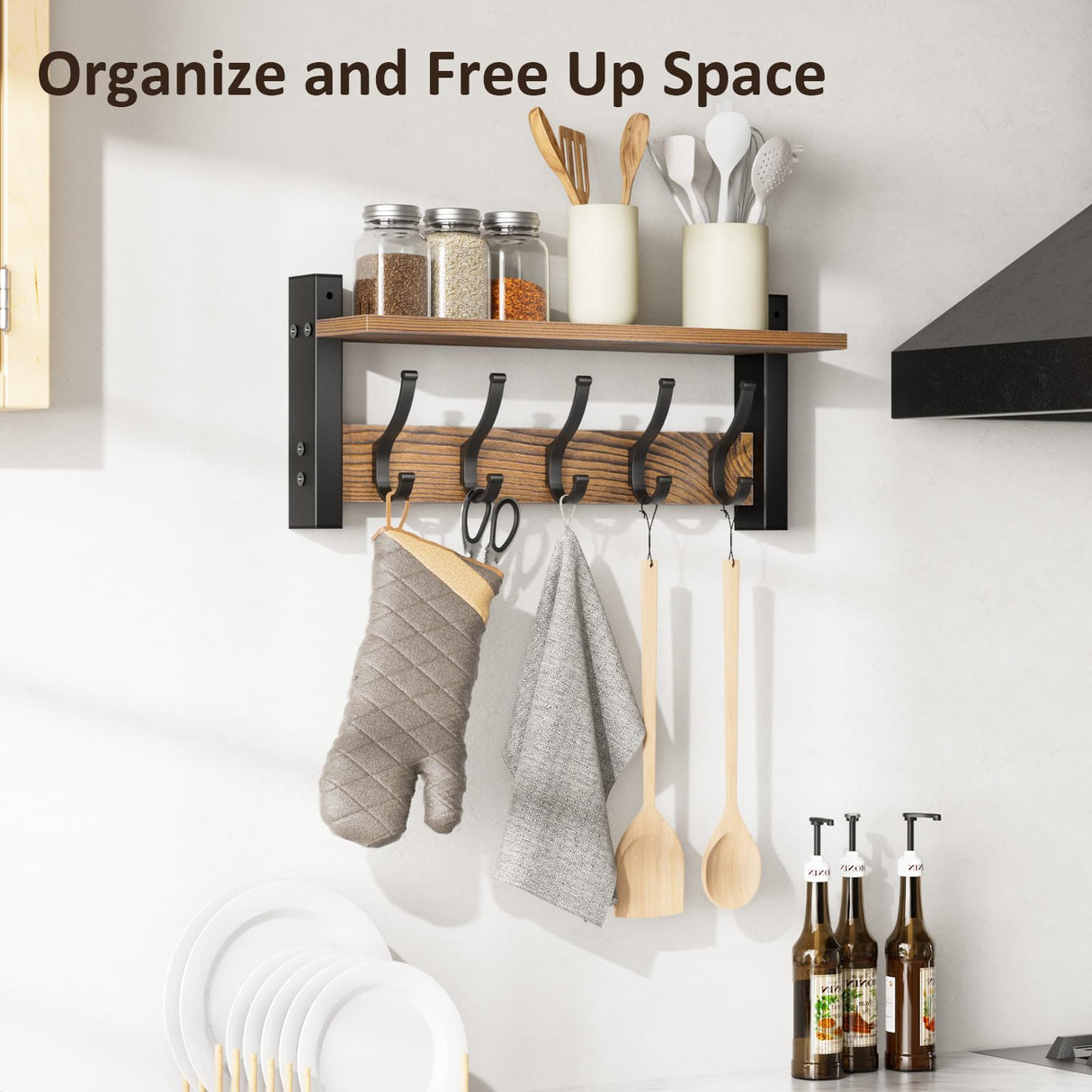 Optish Coat Rack Wall Mount with Shelf, 17.1 Inch Coat Hanger Walls Mounted, Hat Rack for Walls, Shelf with 5 Coat Hooks, Wall Hanger for Entryway (Brown) Optish