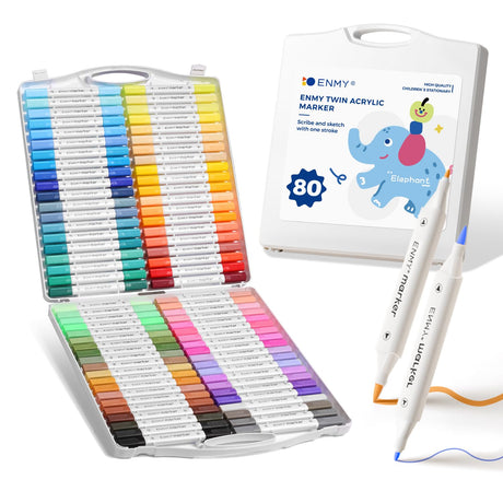 ENMY Acrylic Paint Marker Pens, 80 Colors Dual Tip Acrylic Markers with Portable Case for Art & Craft Supplies for Glass, Pottery, Ceramic, Rock, Canvas, DIY Crafts Making Art Supplies ENMY