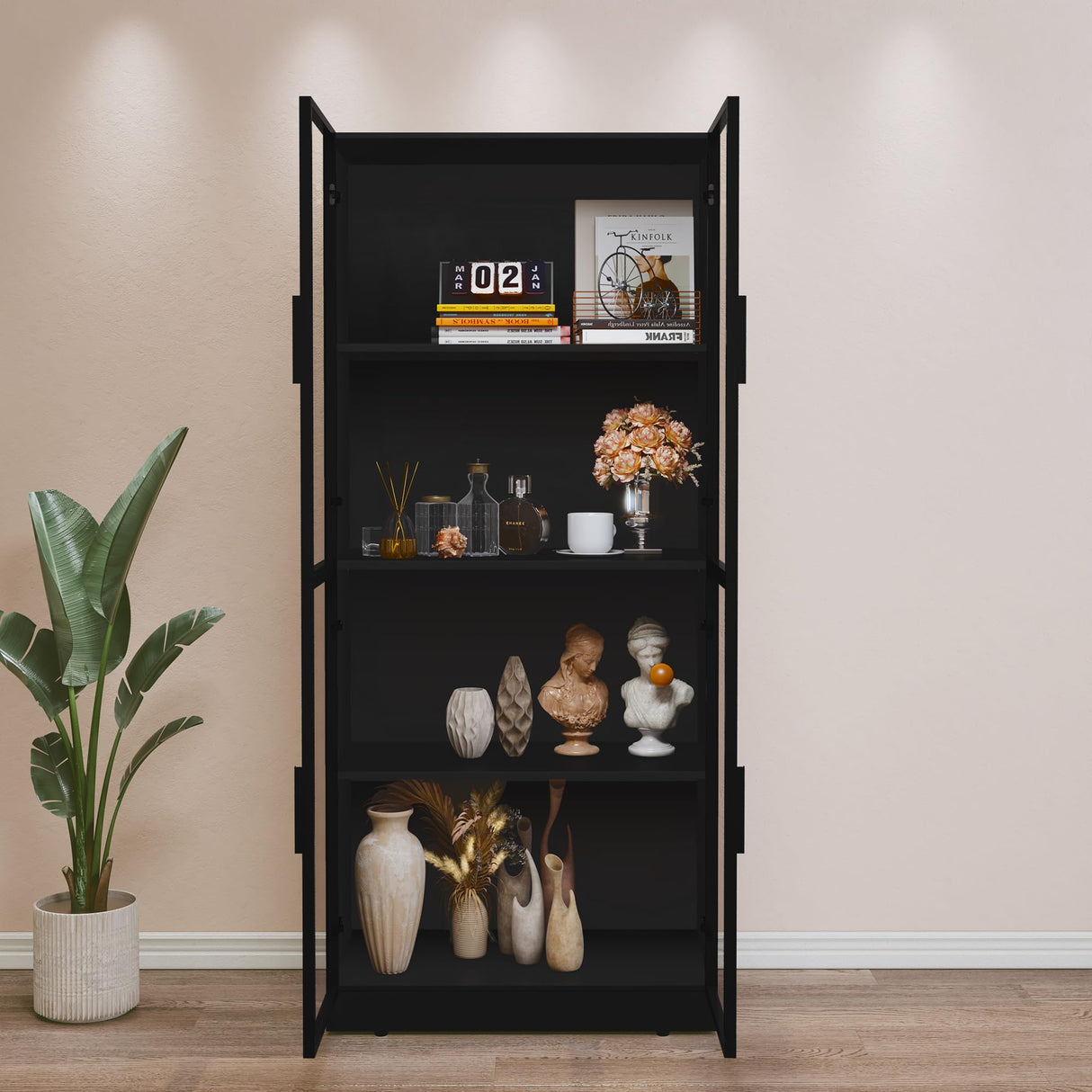 HLR Display Cabinet with Glass Doors, Tall Storage Cupboard, Freestanding Curio Display Cabinet with 4-Tier Storage Shelves for Collectibles, Living Room, Home Office HLR