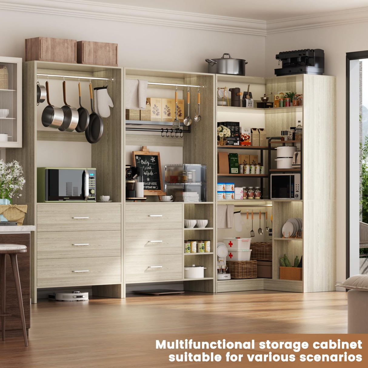 Aheaplus Closet System with 6 Drawers, 4 Hanging Rods & Corner Tower, Corner Closet System with Hanging, 86.8" L-Shaped Walk-In Wardrobe Organizer, 2000+ lbs Capacity, Set of 3, White Oak Aheaplus