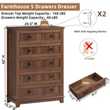 Joaxswe Farmhouse 5 Drawer Dresser for Bedroom, 42" Tall Small Dressers & Chest of Drawers, Rustic Wood Dresser with Metal Handle, Storage Organizer Closet for Living Room, Hallway, Entryway Joaxswe