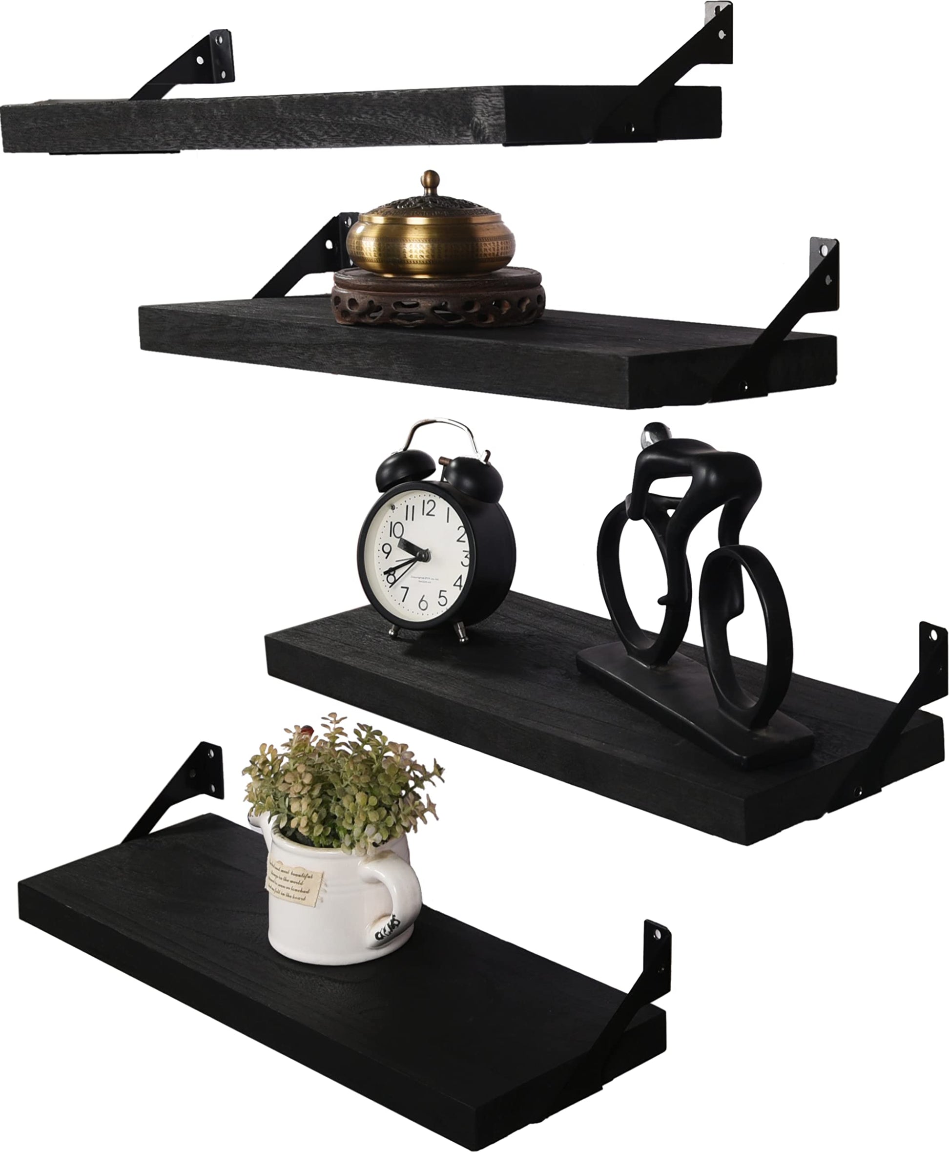 HXSWY Rustic Wood Floating Shelves for Wall Decor Farmhouse Wooden Wall Shelf for Bathroom Kitchen Bedroom Living Room Set of 4 Black - WoodArtSupply