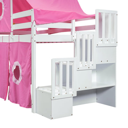 Harper & Bright Designs House Loft Bed with Slide and Storage Stairs, Wood Kids Loft Bed with Tent and Tower, Playhouse Loft Bed Frame for Kids, Teens (Twin Size, Pink)