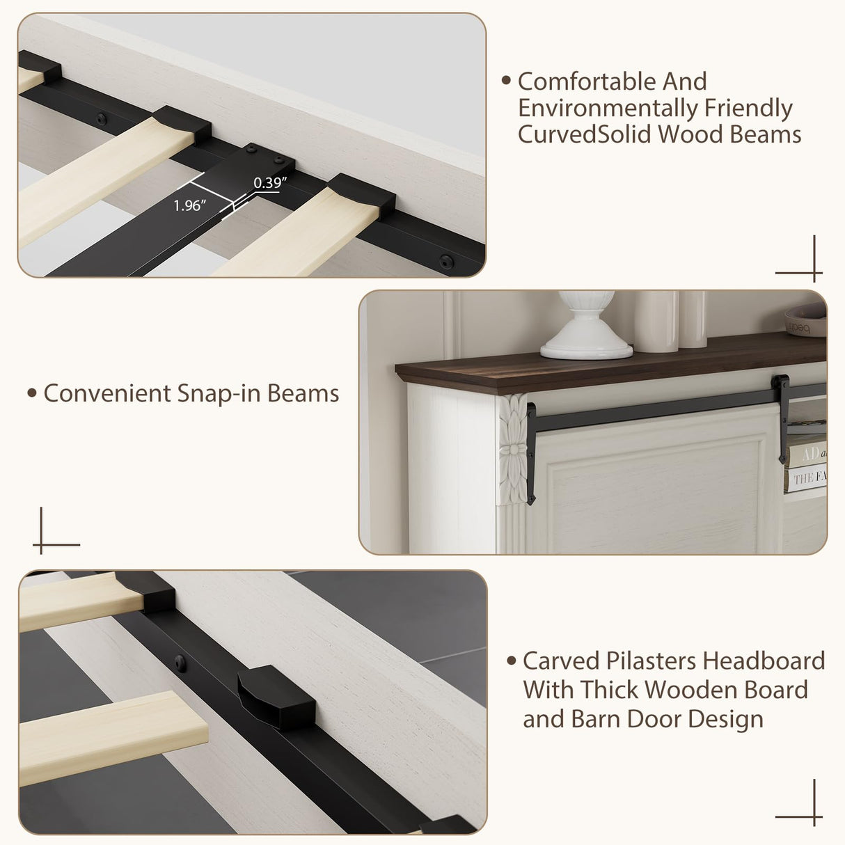 BOSHIRO Farmhouse King Size Bed Frame with Storage Bookcase Headboard, Bed Frame Wood Platform w/Charging Station, Bracket Footboard, 2 Large Sliding Barn Doors, No Box Spring Needed-Antique White BOSHIRO