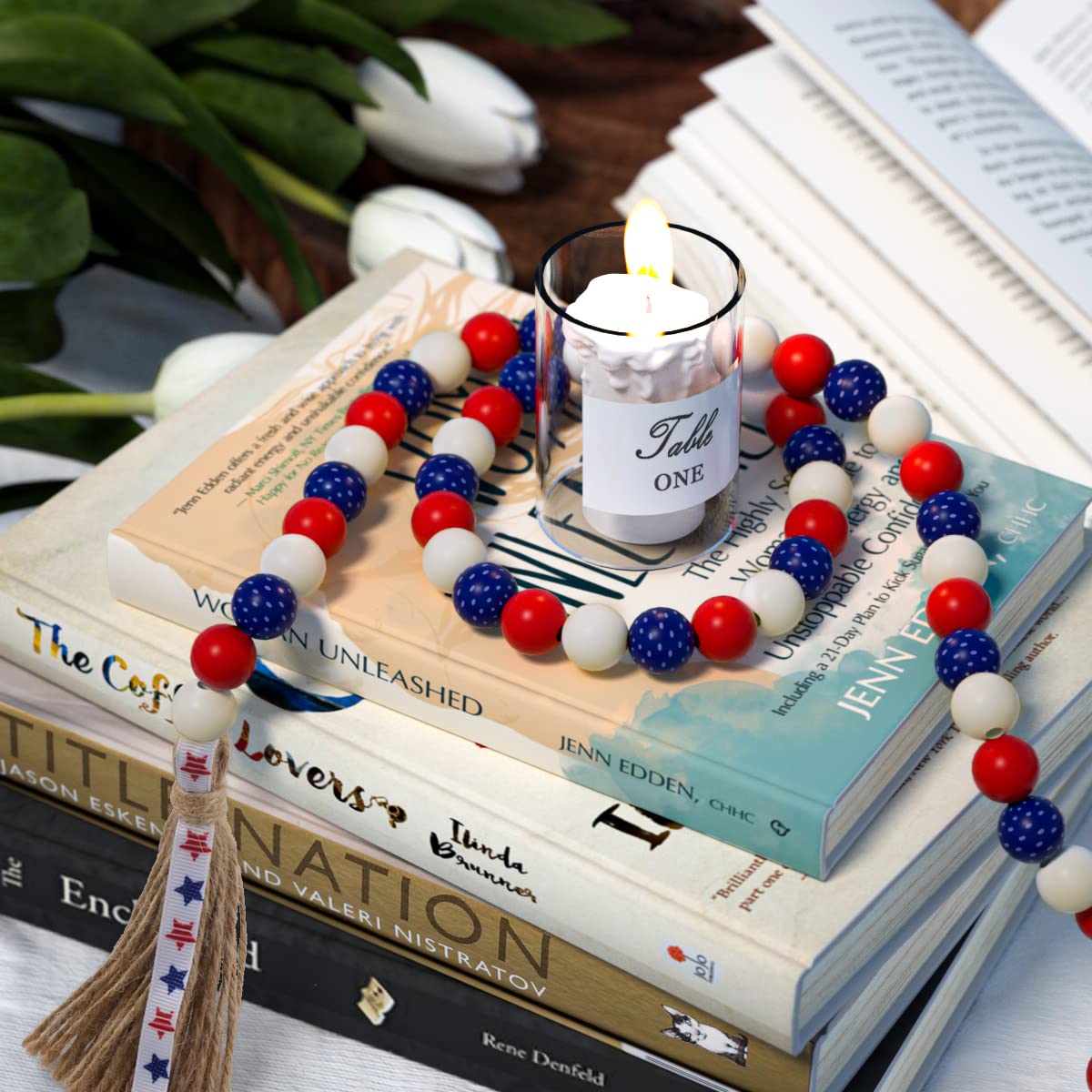 Patriotic Wood Bead Garland,YuanDe 2pcs 4th of July American Wooden Beads String Jute Rope Tassel,Farmhouse Rustic Hanging Bead Garland for Memorial Independence Day Vase Tiered Tray Wall Decor Gift YuanDe