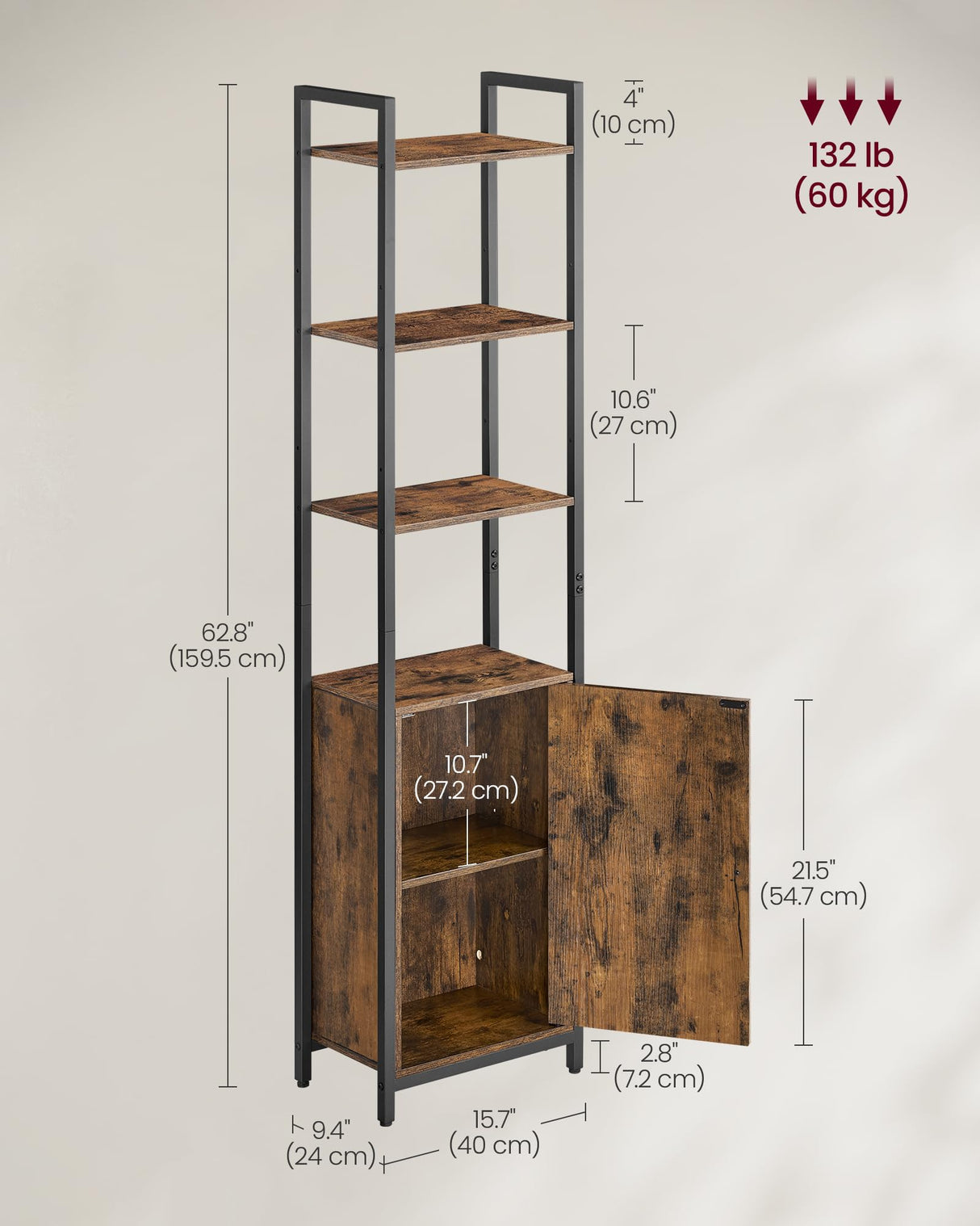VASAGLE 6-Tier Bookshelf, Tall Bookcase with Door, Steel Frame, Adjustable Shelves, 9.4 x 15.7 x 62.8 Inches, Living Room Bedroom, Rustic Brown and Ink Black ULLS132K01 VASAGLE