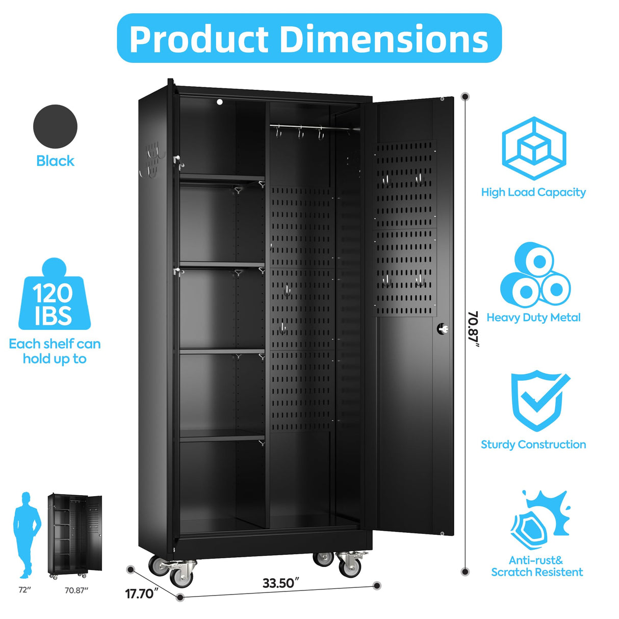 Broom Closet Storage Cabinet with Wheels and Pegboard,Garage Storage Cabinet with Lockable and Magnetic Doors,Adjustable Shelves for Garage Home Office,Required Assembly,17.7"D*33.5"W*70.87"H Reemoon