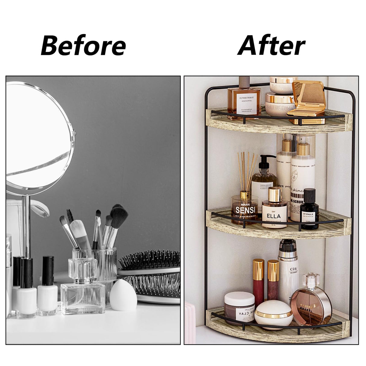 Fixwal Corner Bathroom Counter Organizer, 3 Tier Rustic Bathroom Organizer, Wood Countertop Storage Tray for Vanity, Kitchen, Bedroom (Light Brown) Fixwal