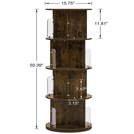 VECELO 4 Tier Revolving Bookshelf Tower, 360° Display Floor Standing Storage Rack with Acrylic Visible Window Partition for Bedroom, Living Room Home and Office, Brown VECELO