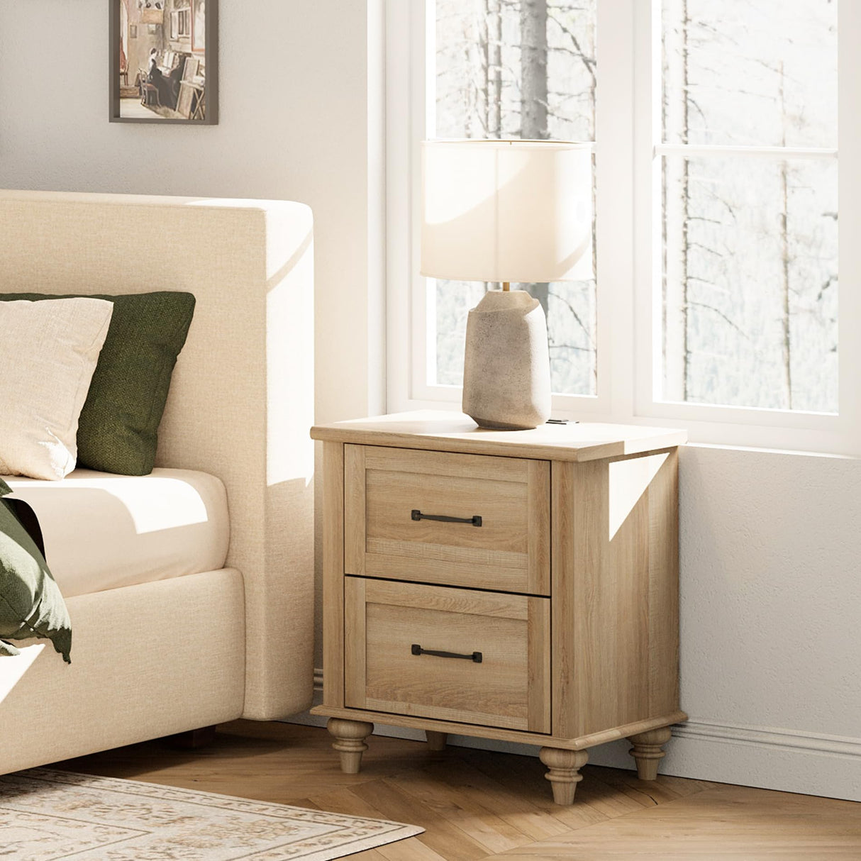 WAMPAT Nightstands with Charging Station Set of 2, 20 Inch Night Stand with 2 Drawers, Wooden Rustic Bedside Table End Tables with Solid Wood Legs for Bedroom & Living Room, Natural Oak WAMPAT