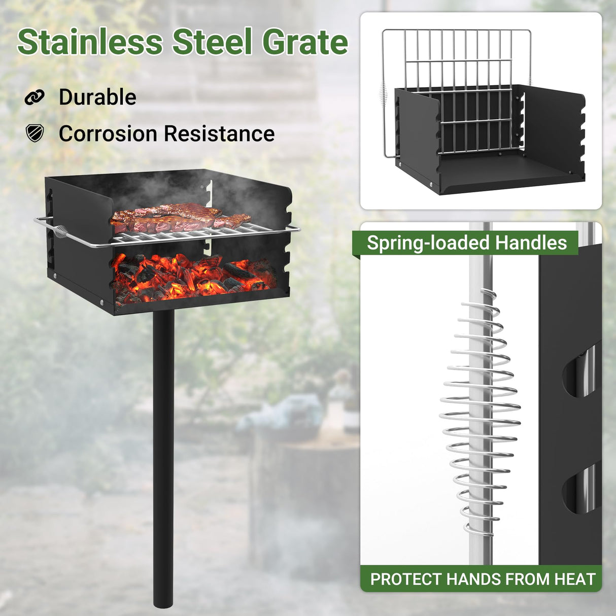 Toriexon Park Grill with Stainless Steel Cooking Grate, Heavy Duty Park Style Charcoal Grill with Grill Cover, Outdoor Park Grill for Backyard, Camping, 16'' L x 16'' W x 8'' H Toriexon