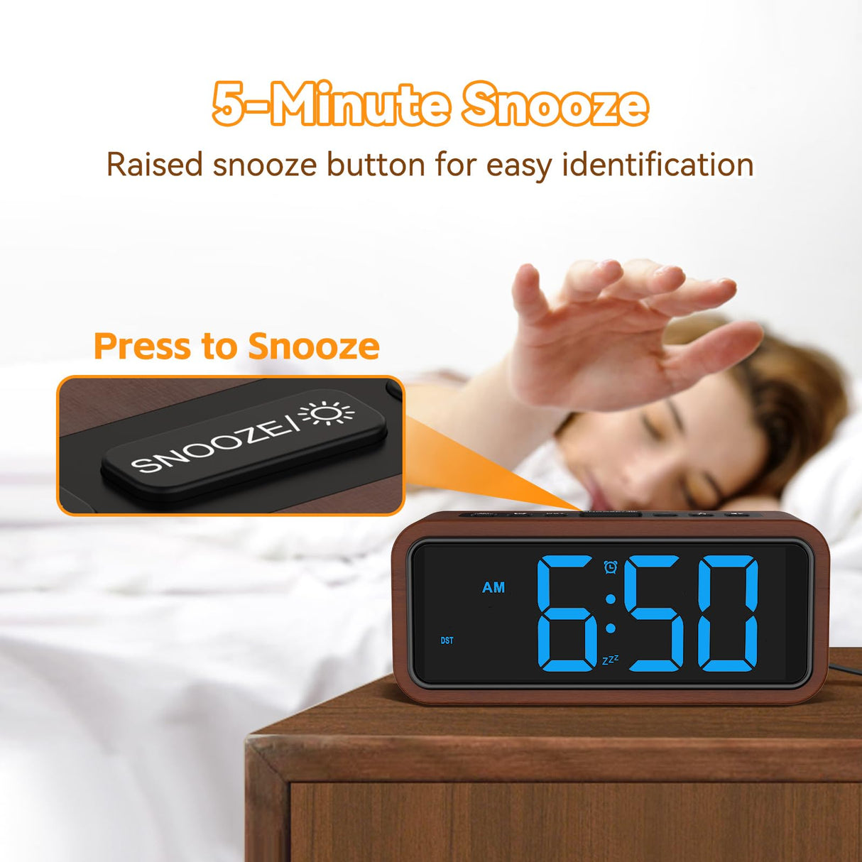Netzu Wooden Alarm Clock, Loud Digital Clock with 5 Volumes, 12 Ringtones, Manual DST, Snooze Plug-in Alarm Clock for Heavy Sleepers Bedroom Bedside Living Room Office Wood Decor (Blue) Netzu