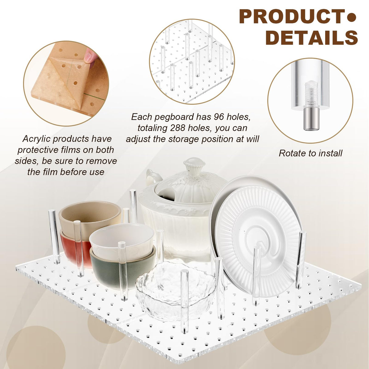 Kigley 3 Pcs Acrylic Pegboard Drawer Organizer with 32 Pegs - 16 x 5.91 in Clear Peg Board System - Drawer Organizers for Dishes, Food Containers, Cookware, Utensils - Kitchen Kigley