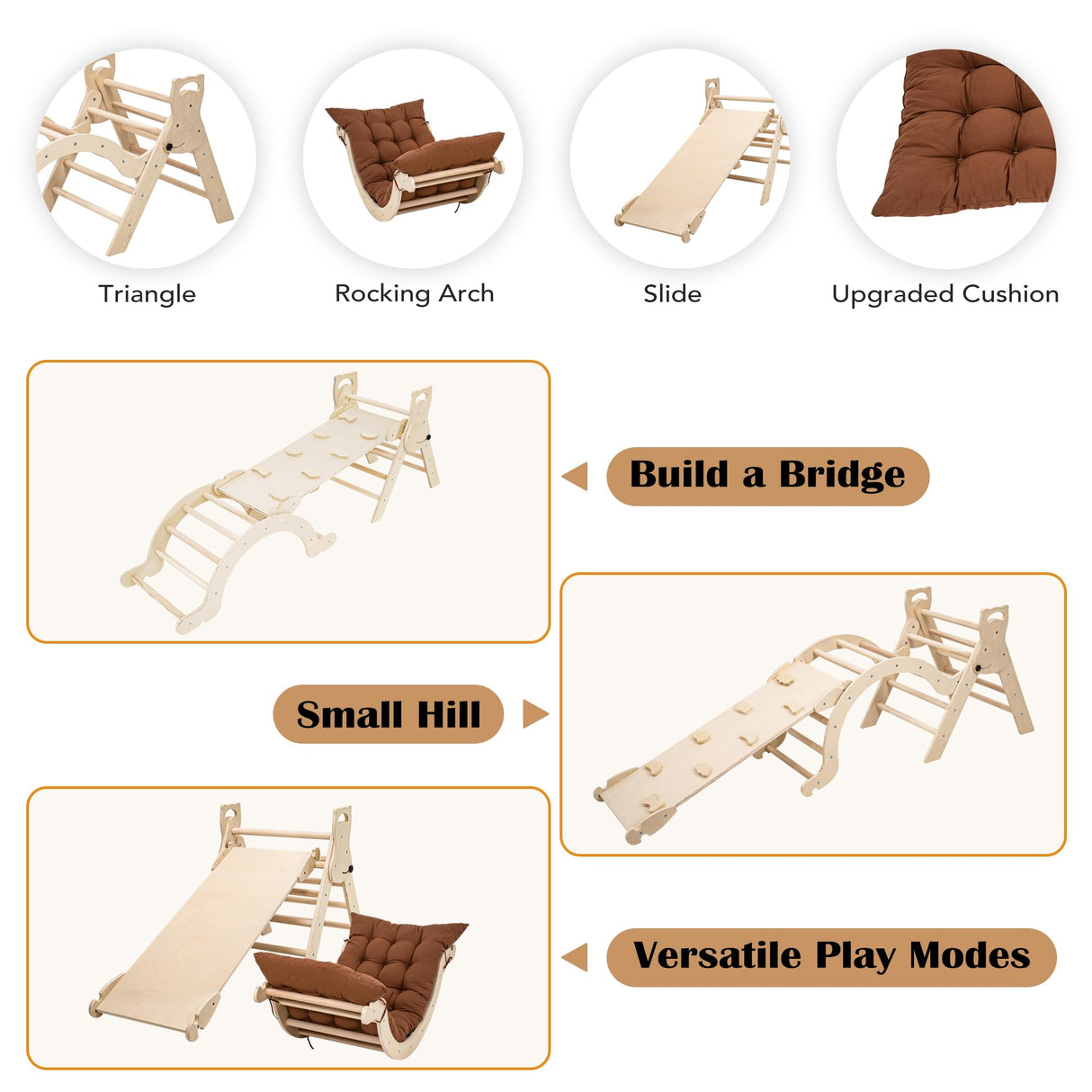 NEOCOZY Pikler Triangle Set with Cushion, Arch and Slide, Toddler Climbing Toys Indoor Playground, Montessori Climbing Set, Indoor Jungle Gym, Wooden Pickler-3 Piece Climbing Gym for Kids 1-4yr NEOCOZY