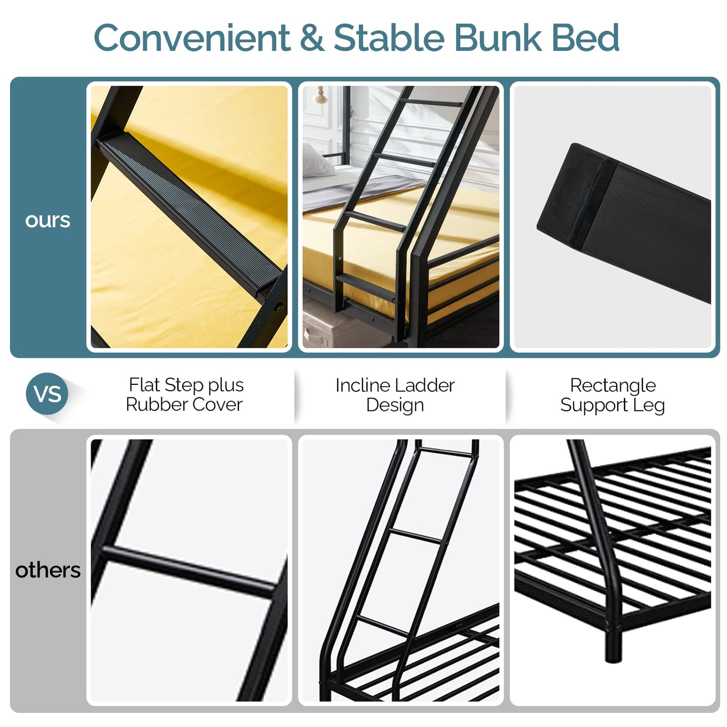 VINGLI Bunk Beds Twin Over Full Size for Kids Teens Adults/Flat Steps/Heavy Duty Metal Slat, Black