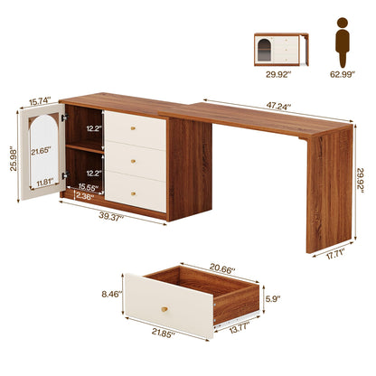 Tribesigns Modern Makeup Vanity, Retractable Large Vanity Desk with 3 Drawers and Cabinet, Makeup Corner Dressing Table for Bedroom, Walnut and White (Without Mirror)