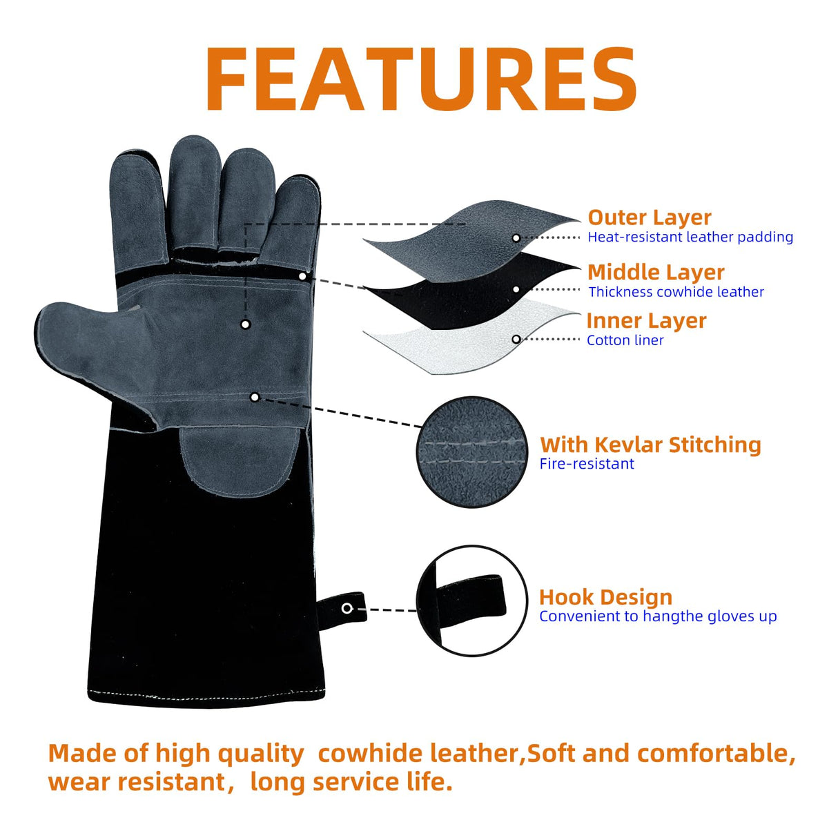 16" Leather Welding Gloves, Fire and Heat Resistant Long Sleeve Welding Gloves, For Mig, Gas, BBQ, Oven, Grill, Fireplace, Baking Mitts, Fireplace, Animal Training, Animal Handling luvaswel