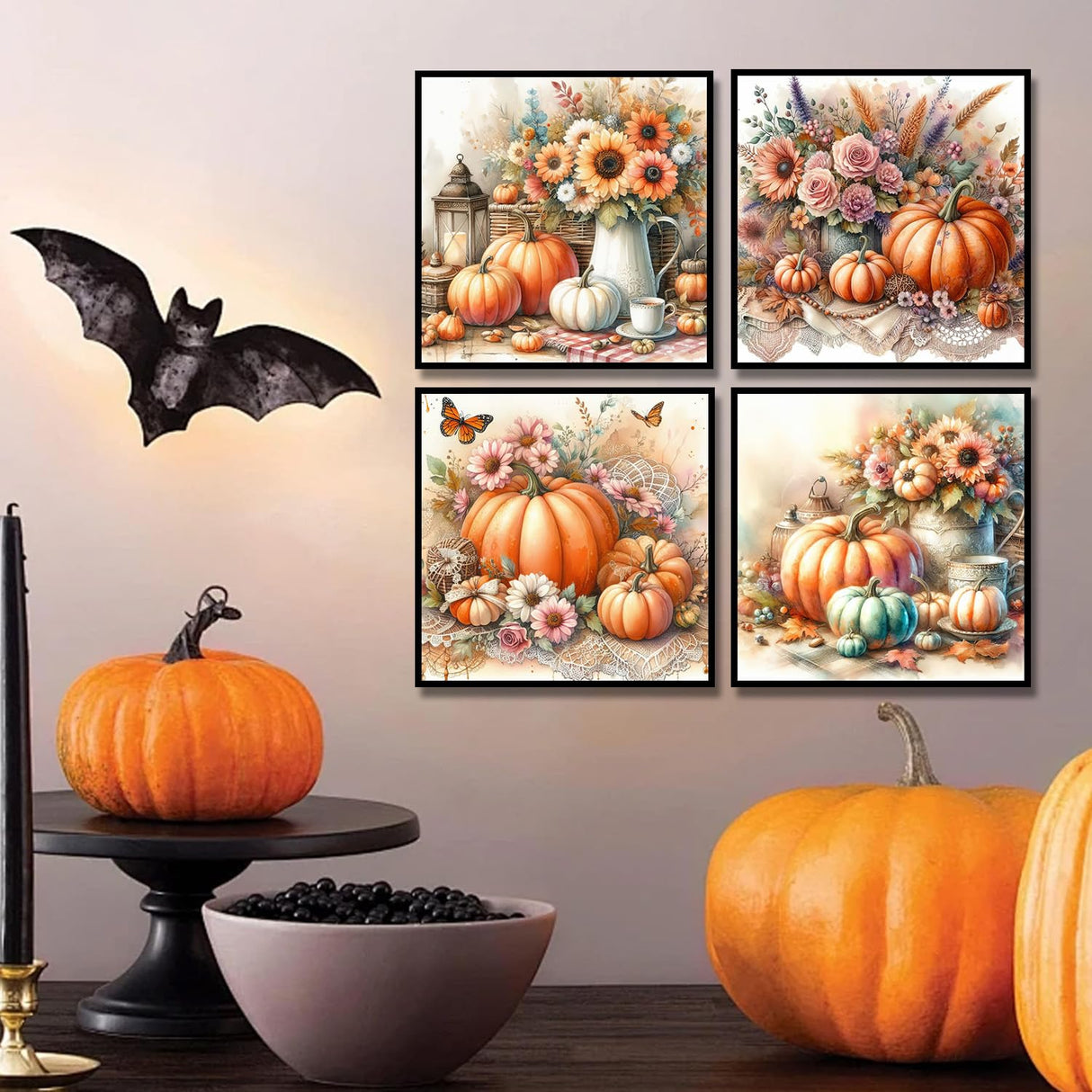 Fall Diamond Art Kits for Adults,5D Pumpkin Flower Diamond Art 4-Piece Set,DIY Full Drill Diamond Painting Kit,Home Wall Decor Diamond Painting (11.8x11.8 Inch) YULIDECO