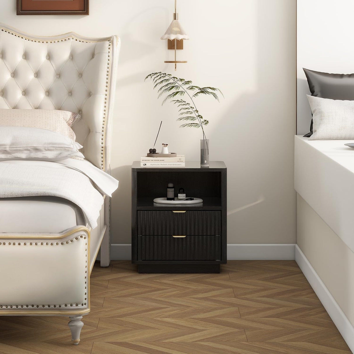 Fluted Nightstands Set of 2, Black Night Stands with 2 Drawers and Open Shelves, Wooden Bedside Table Modern Design End Table for Bedroom Sofa Office (2, Black) ROCSUMOO