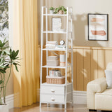 Furologee 5-Tier Ladder Shelf with 2 Drawers,Narrow Bookshelf Storage Shelves,Industrial Bookcase Freestanding Shelf Units for Bedroom,Living Room,Bathroom,Home Office,Balcony,Wood Metal, White Furologee