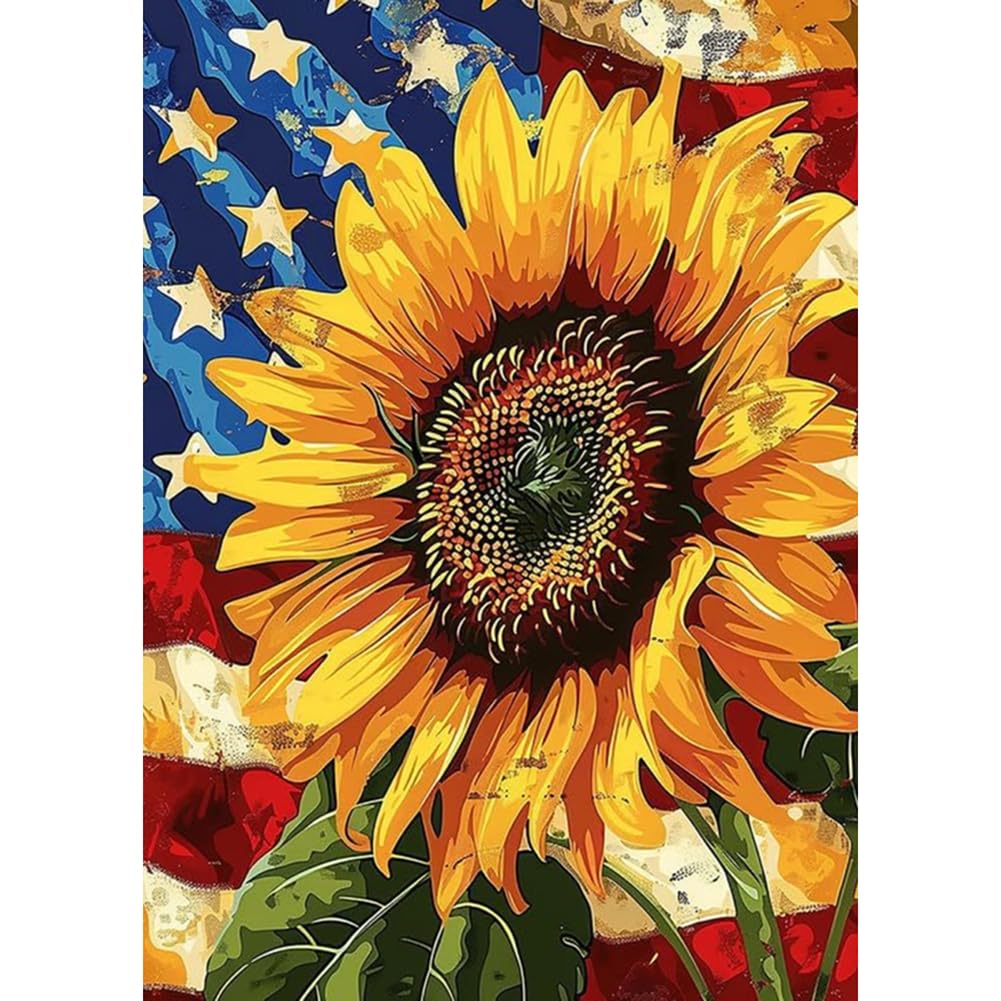 Sanjee Sunflower Diamond Art Painting Kits for Adults Beginner, American Flag 5D DIY Round Full Drill Gem Art Crafts for Home Wall Decor Gift, 12x16inch Sanjee