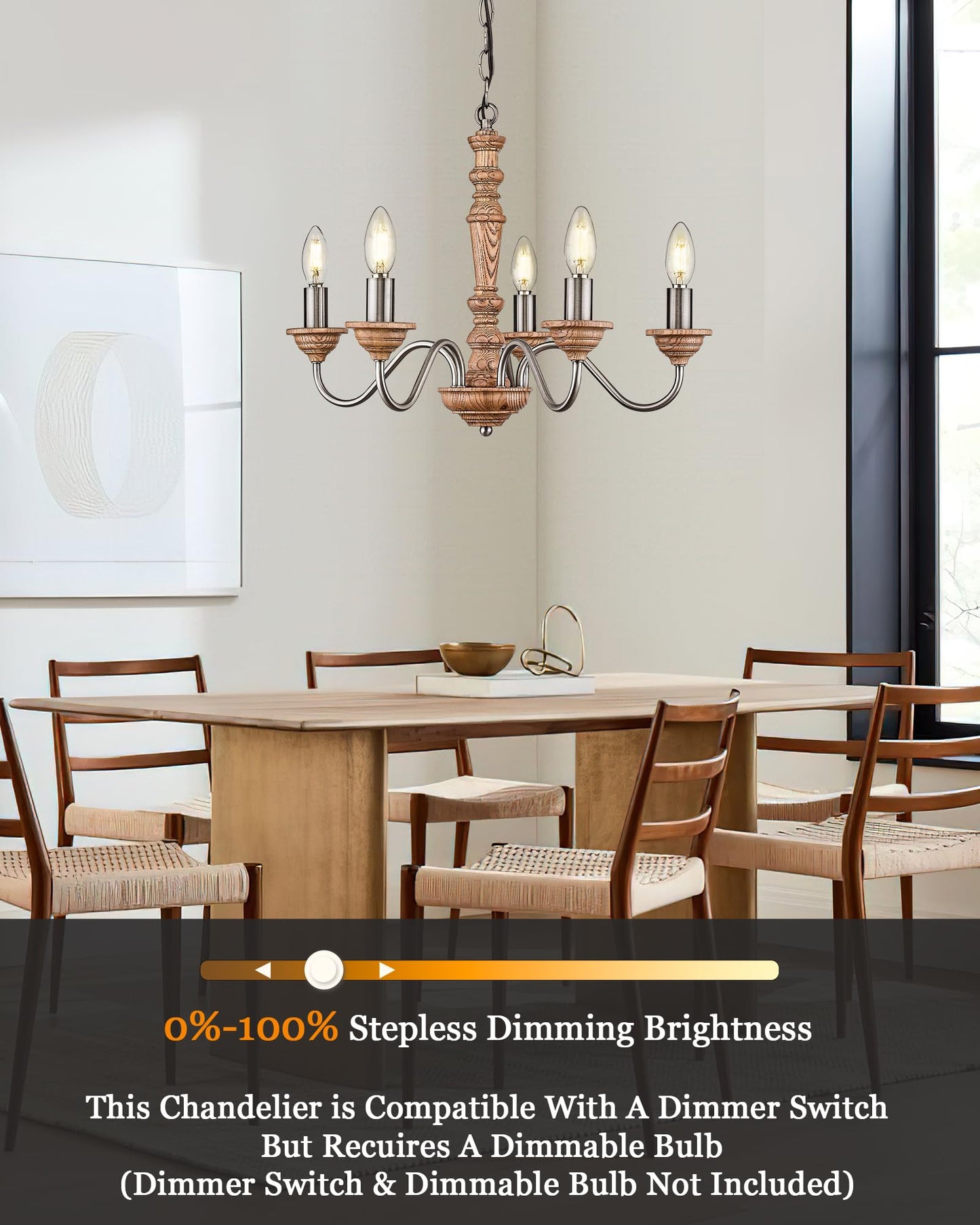 ELYONA 5-Light Chandelier for Dining Room, Handmade Manchurian Ash Wood Vintage Pendant Light Fixture for Farmhouse Kitchen, Living Room, Foyer, LED Bulb Included, Brown