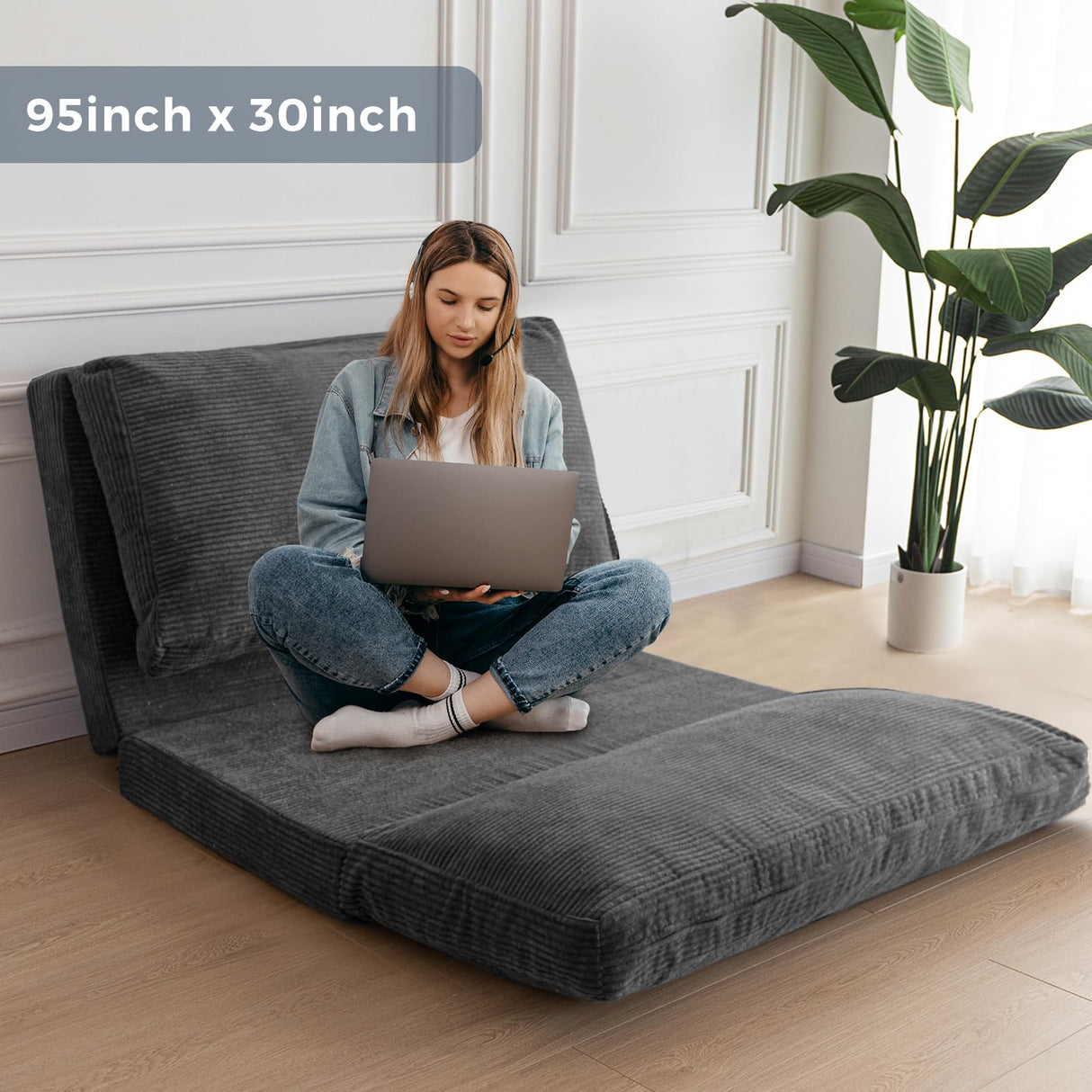 MAXYOYO Bean Bag Bed Folding Sofa Bed Floor Mattress for Adults, Extra Thick and Long Floor Sofa with Corded Washable Cover, Dark Grey, 30x95 Inch MAXYOYO