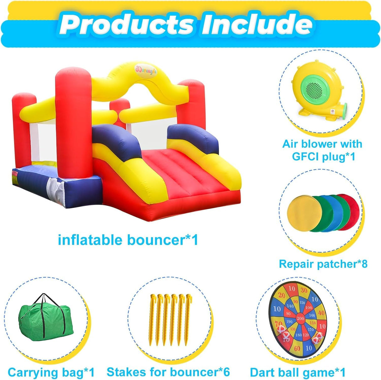 Dvreugde Bounce House, Inflatable Bouncer with Air Blower and Slide, Family Backyard Bouncy Castle with Dart Ball Game, Bouncy House for Kids, 12 ft x 9 ft x 7 ft H Dvreugde