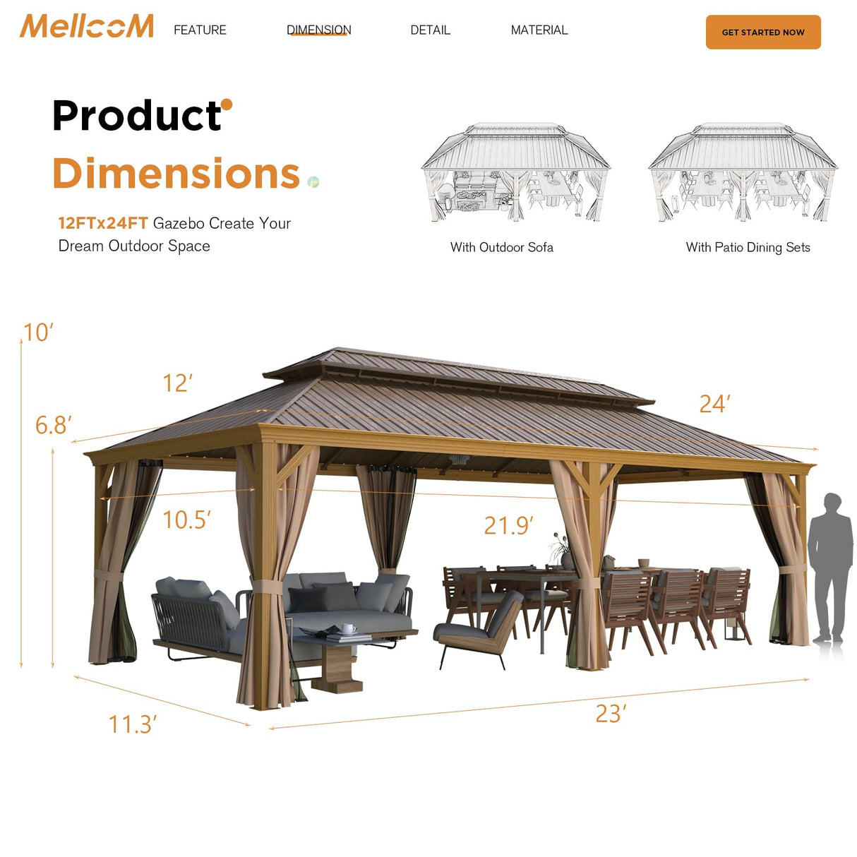 MELLCOM 12' x 24' Gazebo, Hardtop Gazebo Wood-Looking Gazebo with Galvanized Steel Double Roof, Aluminum Frame, Outdoor Patio Hardtop Gazebo with Netting and Curtains for Deck, Backyard, Patio, Lawns MELLCOM