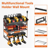 JUNNUJ Power Tool Organizer with 10 Outlet Power Strip, 3 Layer Wall Mount Drill Holder with Charging Station, 4 Drills Storage Shelf Shop Garage Utility Rack, Black JUNNUJ