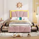 FORABAMB Twin Bed Frame with 4 Drawers, Upholstered LED Bed Frame with Adjustable Flowers Headboard, Platform Bed Frame Twin Size with Wooden Slats Support, No Box Spring Needed, Pink FORABAMB