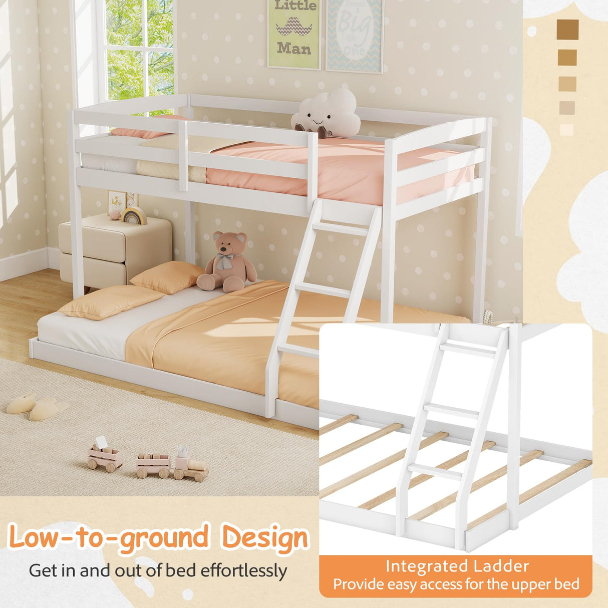 KOMFOTT Low Bunk Bed Twin Over Full, Solid Wood Twin Bed Frame with Built-in Ladder & Safety Guardrails, Space-Saving Low Bunk Bed for Kids, Teens, No Box Spring Needed KOMFOTT