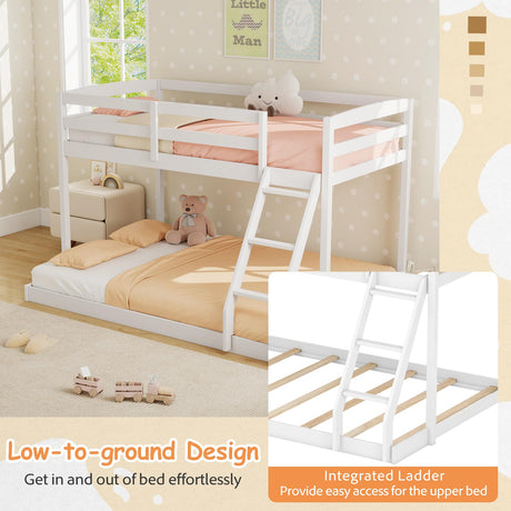 KOMFOTT Low Bunk Bed Twin Over Full, Solid Wood Twin Bed Frame with Built-in Ladder & Safety Guardrails, Space-Saving Low Bunk Bed for Kids, Teens, No Box Spring Needed KOMFOTT