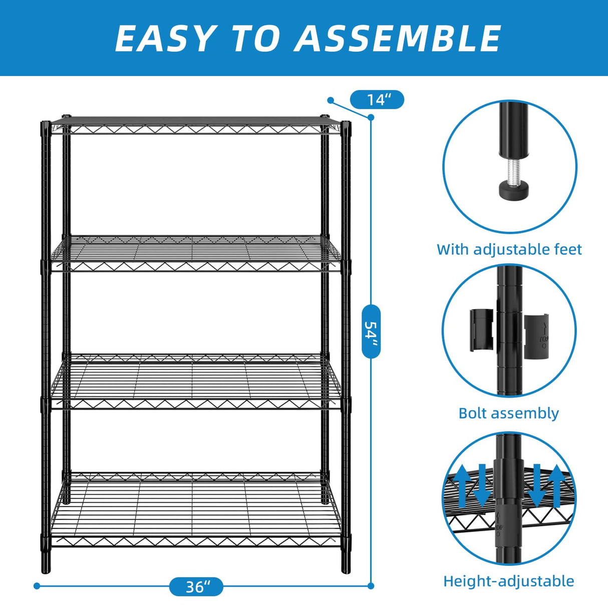Guan River 4-Shelf Adjustable Metal Shelf Wire Shelving Unit Storage Rack Display Shelf for Office,Kitchen,Bedroom,Bathroom,Laundry,Pantry Basement,Garage(Black,36" L x 14" W x 54" H) Guan River