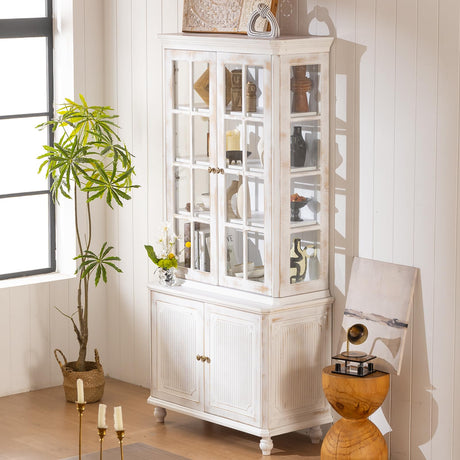 Llsmnba Vintage 78" H Display Cabinet, Farmhouse Kitchen Hutch Storage Cabinet with Glass Doors, Rectangle Curio Cabinets Tall Bookcase for Collectibles Books Liquor, White Washed Llsmnba
