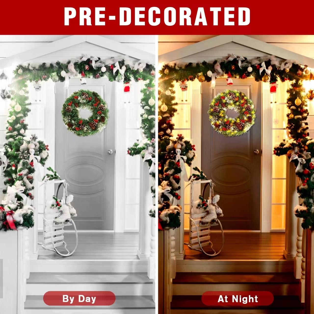 Christmas Wreath,Pre-Lit Artificial Christmas Wreaths for Front Door with Pine Cones,Berries,Christmas Wreath with Lights,8 Modes 50 LED Lights for Outdoor Indoor Decorations-18 in